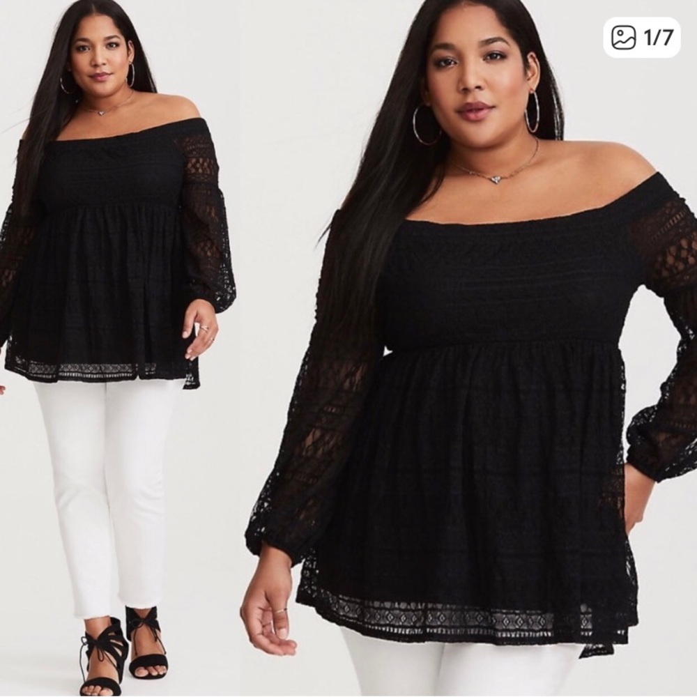 Torrid Black Lace Off the Shoulder Babydoll Top